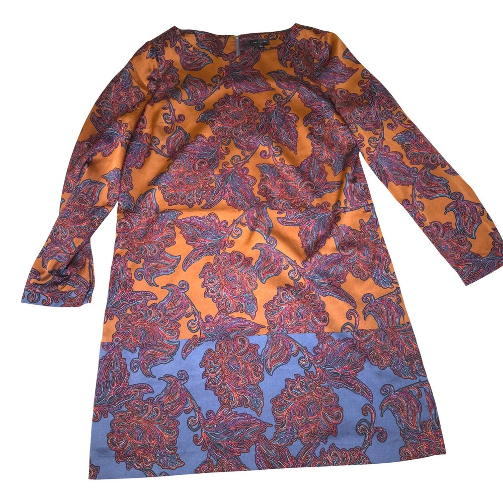 The Limited Womens Paisley Colorblock Shift Dress Orange Blue Long Sleeve Large